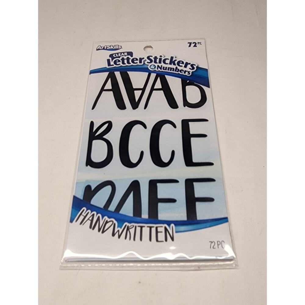 New - Art Skills 72 Pc Letter Stickers & Numbers Color Clear Black Hand Written